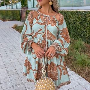 Omika Floral Mini Dress in Mint & Rust - XS